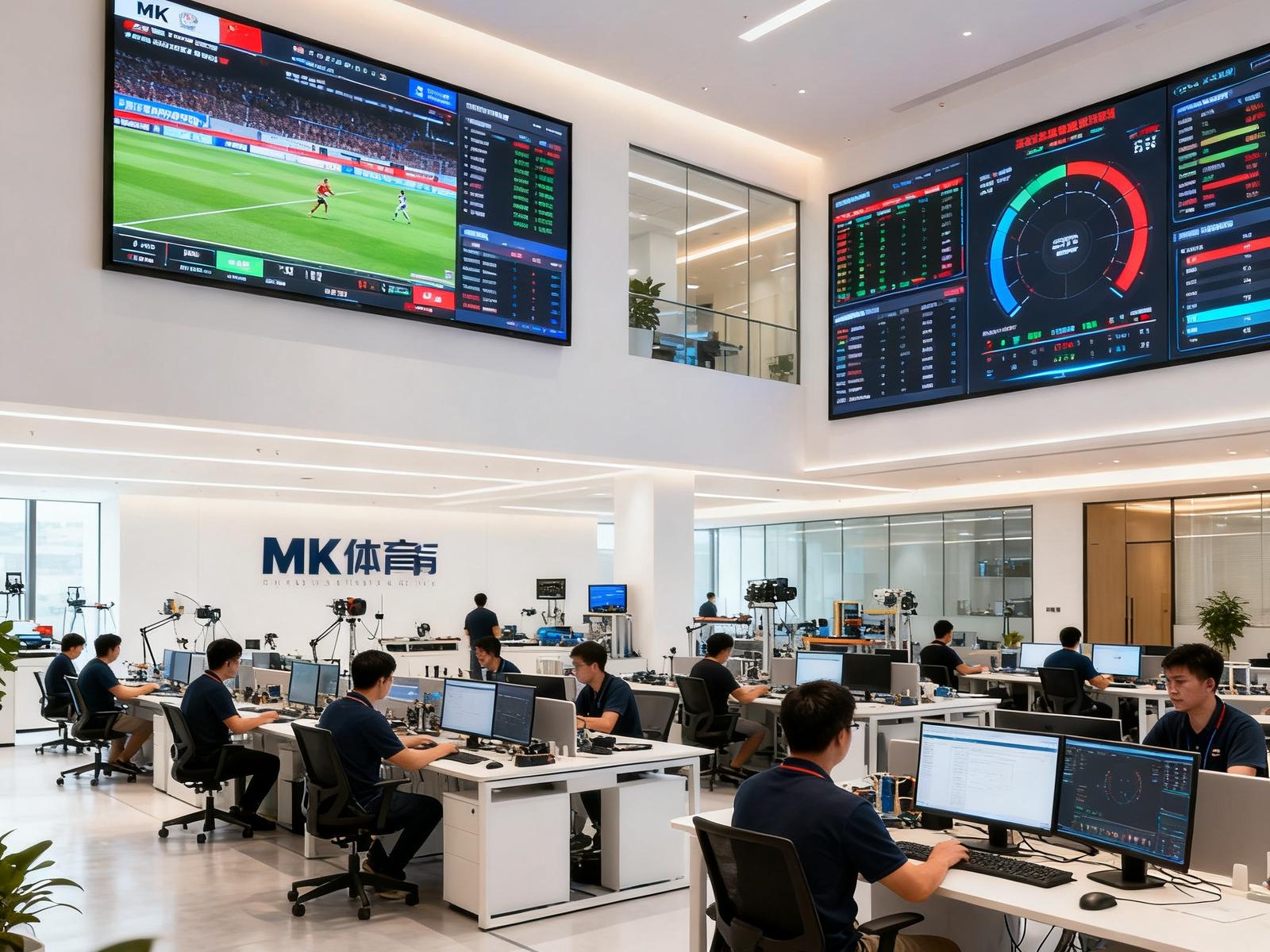 MK体育深圳总部开放式办公区，数十位工程师在明亮的现代化办公室中进行产品研发与安全测试，墙上悬挂着多块赛事数据监控大屏