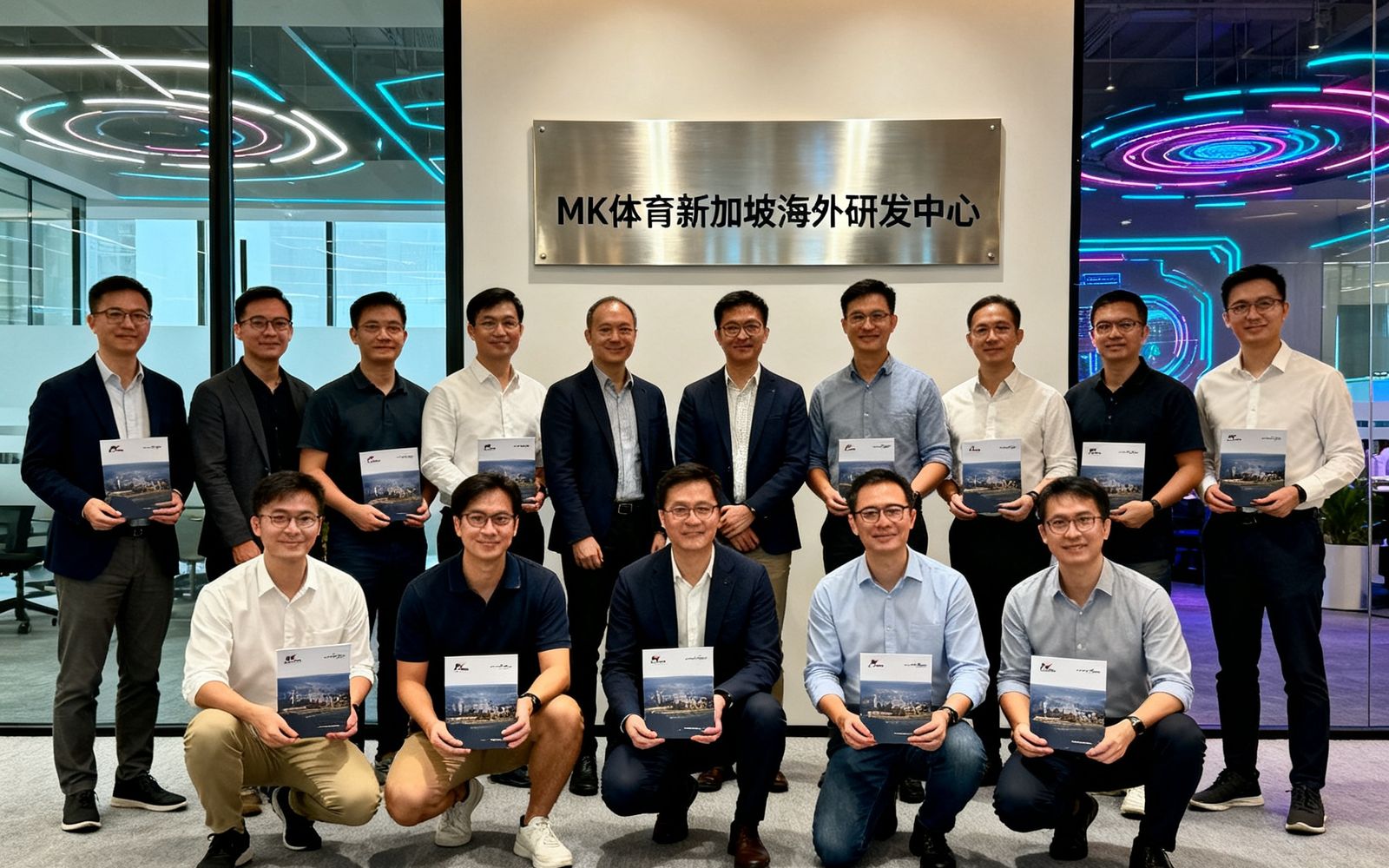 MK体育新加坡海外研发中心开幕仪式现场照片，团队成员在现代化办公空间合影留念