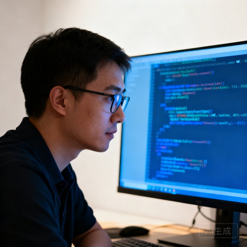 李卓远，MK体育首席技术官兼联合创始人，戴着眼镜在白色屏幕前专注调试代码